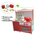 MDF Red Kids Pretend Play Wooden Toy Kitchen with cooking set